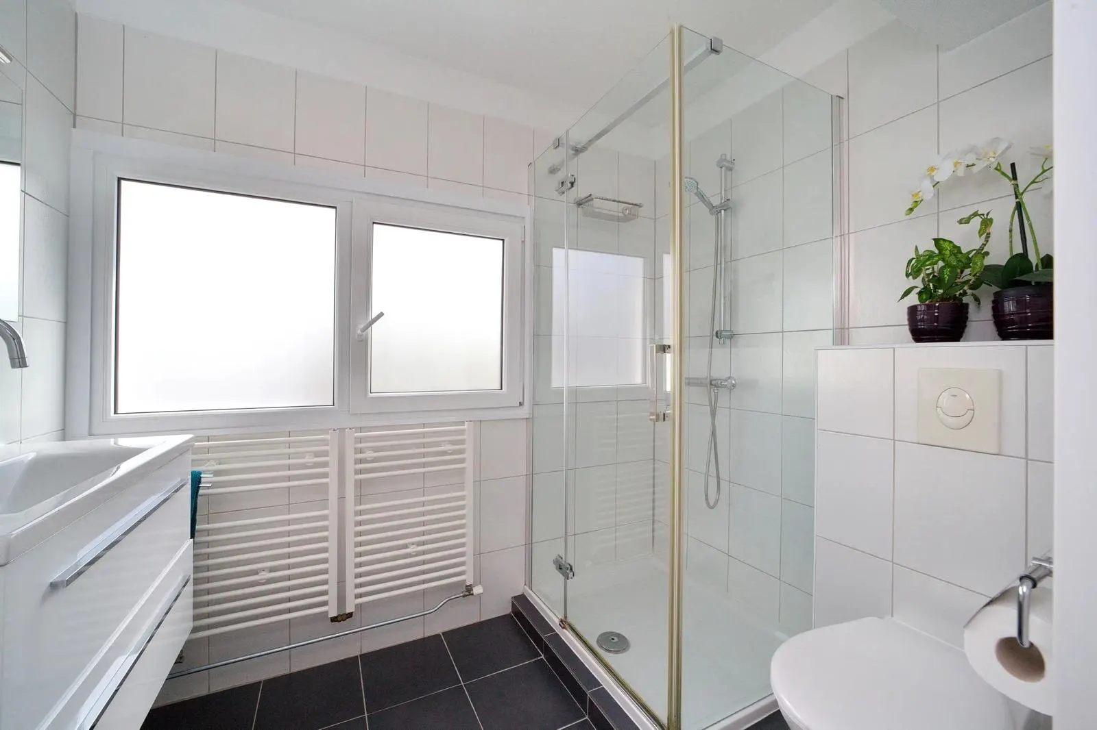 Witte badkamer met douchecabine en handdoekradiator onder het raam